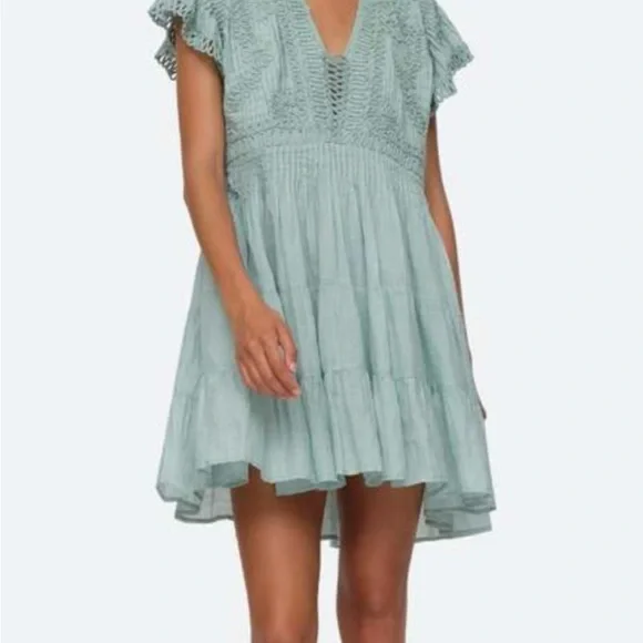 NWT SEA NEW YORK Frida mint green lined Flutter V-Neck Mini Dress M - Picture 1 of 12